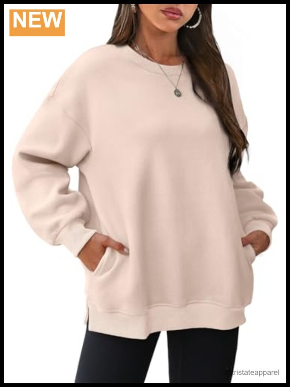 Oversized Crewneck Fleece Pullover Sweatshirt Side Slits Hidden Pockets